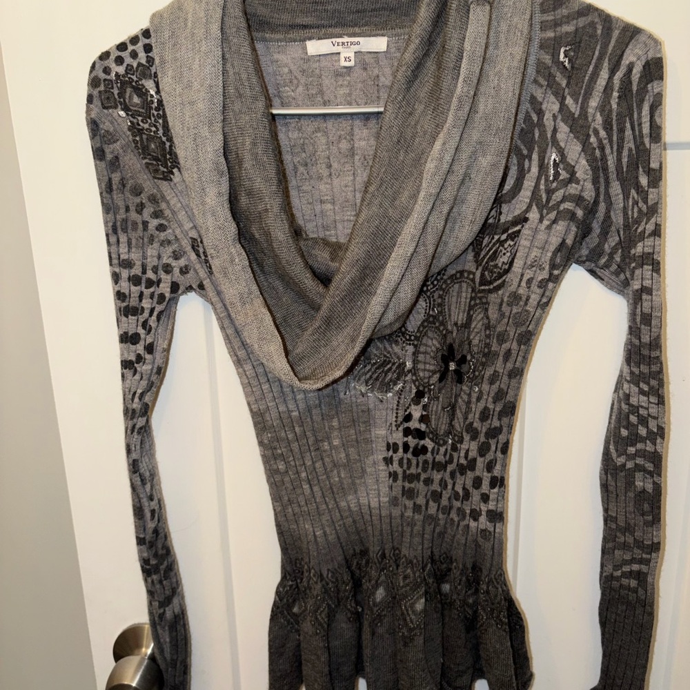 Vertigo Paris Gray Patterned Cowl Neck Sweater